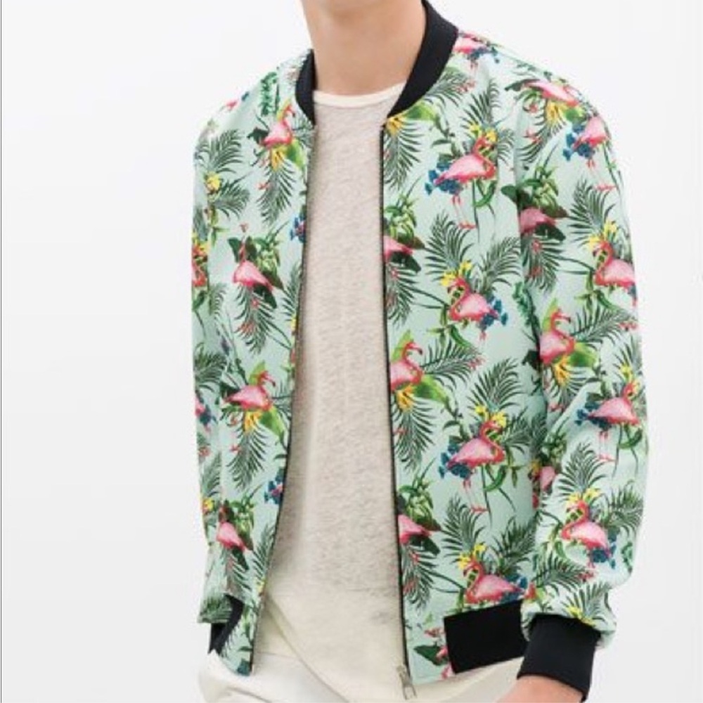 Zara Men’s Flamingo Print Bomber Jacket Size  Small